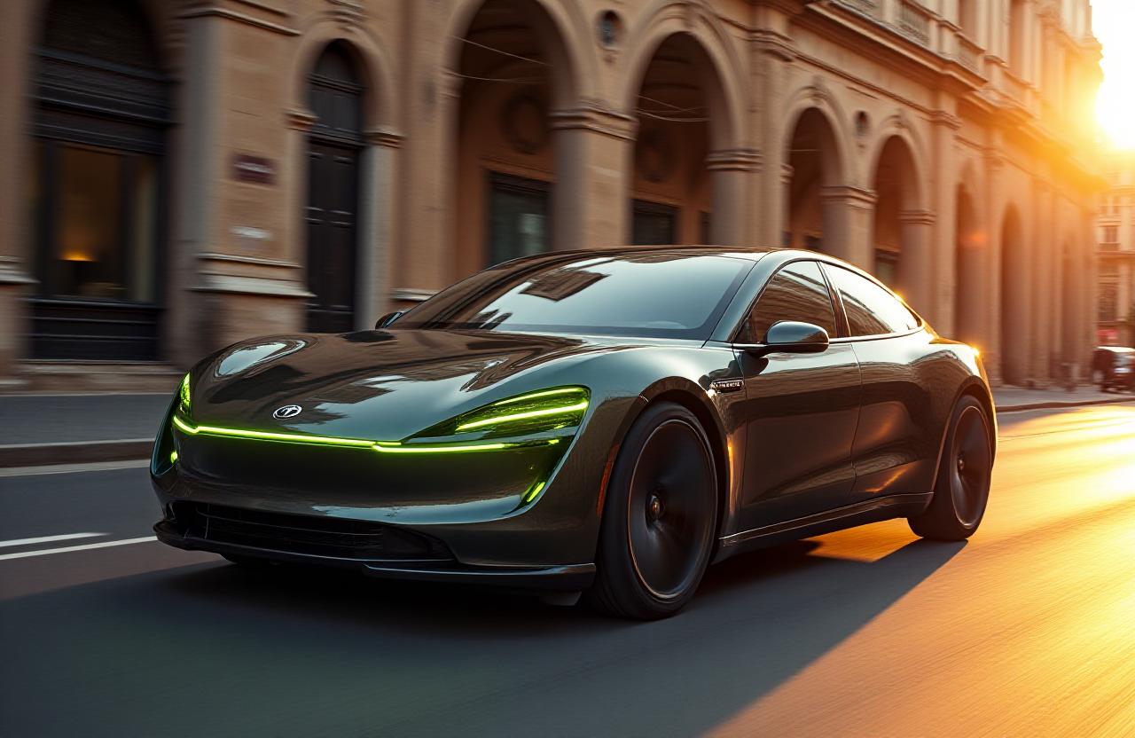 Auto elettrica di lusso che attraversa il centro di Roma al tramonto