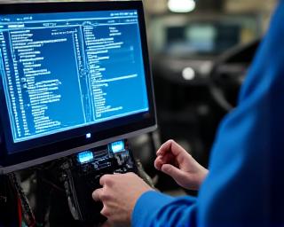 Ingegnere che lavora al computer collegato a una centralina EV